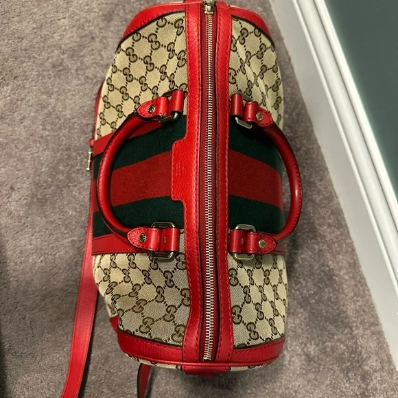 Gucci Boston bag brown monogram with red leather - Picture 4 of 16